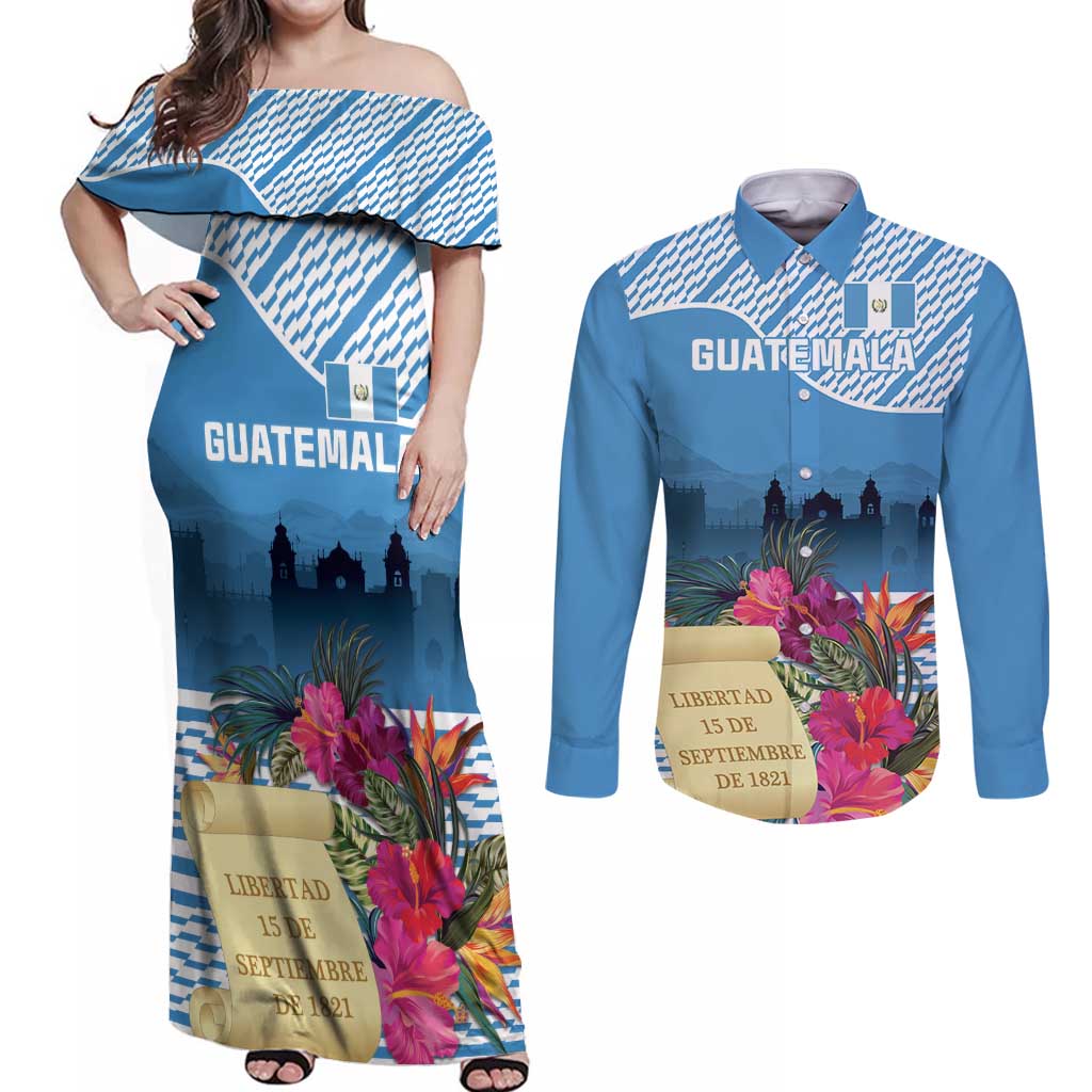 Personalized Guatemala Independence Day Couples Matching Off Shoulder Maxi Dress and Long Sleeve Button Shirt With Tropical Flower - Wonder Print Shop