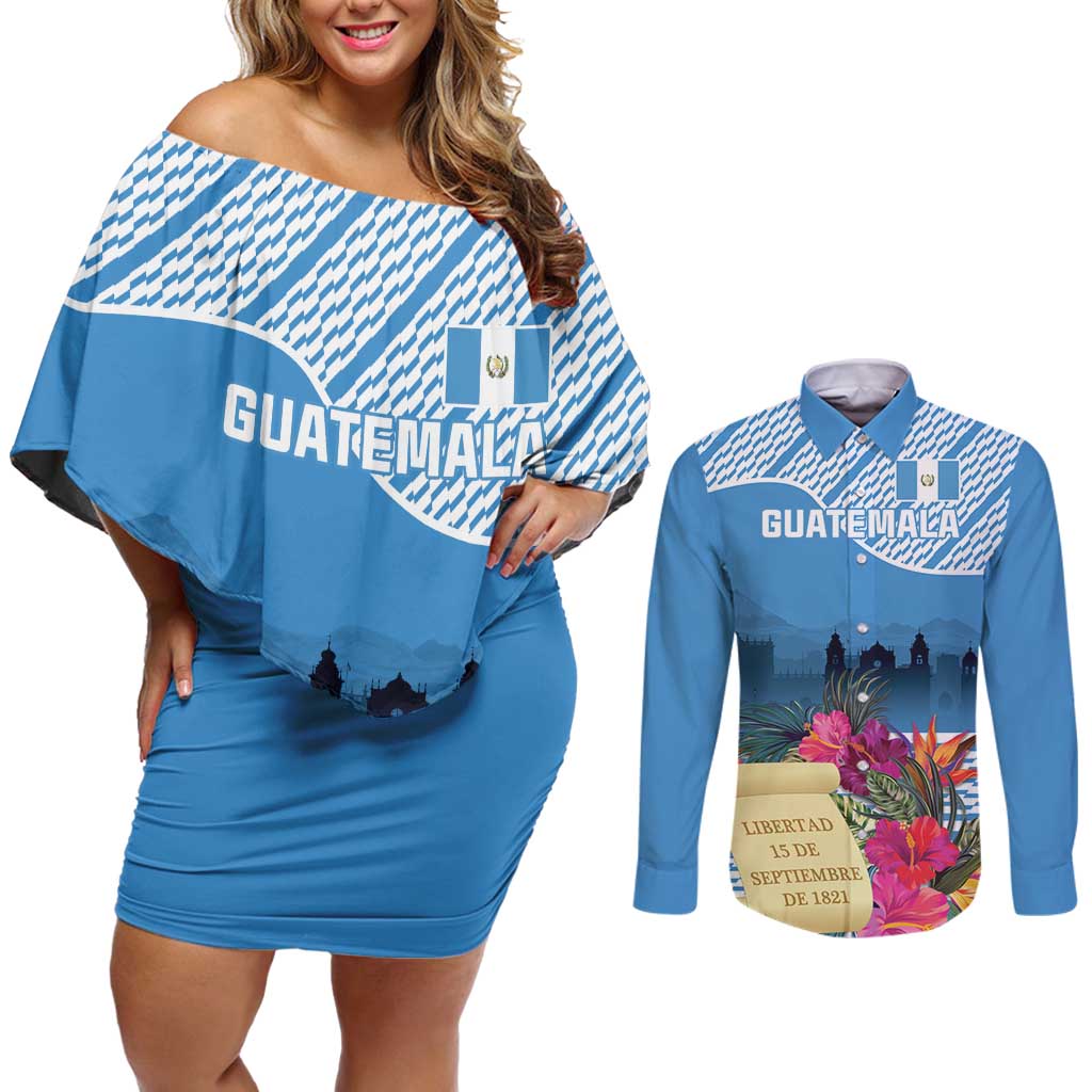 Personalized Guatemala Independence Day Couples Matching Off Shoulder Short Dress and Long Sleeve Button Shirt With Tropical Flower - Wonder Print Shop