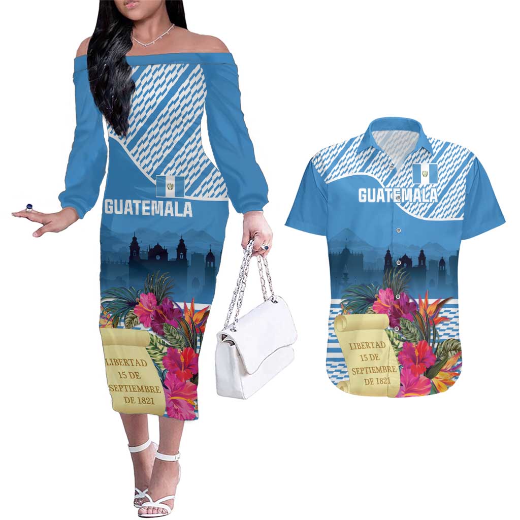 Personalized Guatemala Independence Day Couples Matching Off The Shoulder Long Sleeve Dress and Hawaiian Shirt With Tropical Flower - Wonder Print Shop