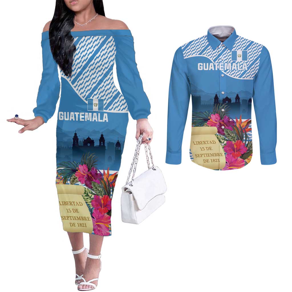 Personalized Guatemala Independence Day Couples Matching Off The Shoulder Long Sleeve Dress and Long Sleeve Button Shirt With Tropical Flower