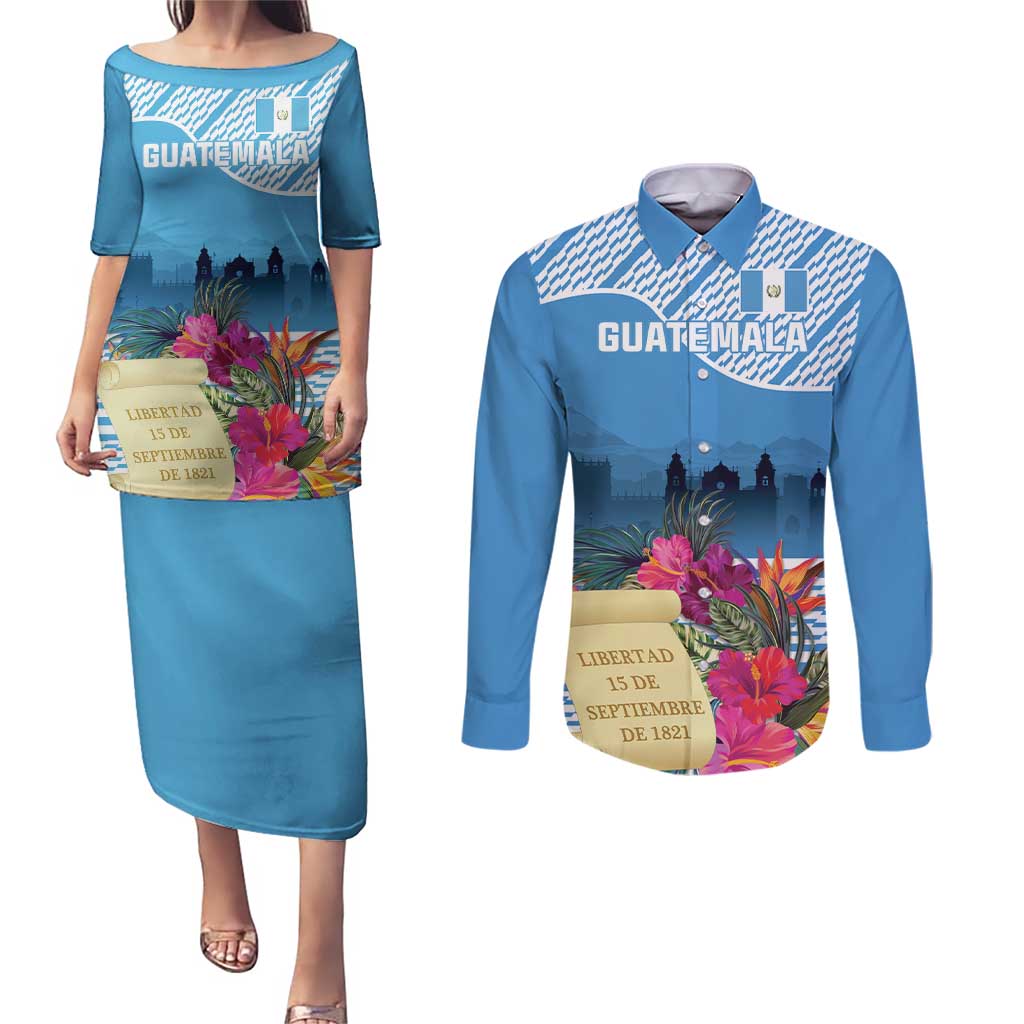 Personalized Guatemala Independence Day Couples Matching Puletasi and Long Sleeve Button Shirt With Tropical Flower - Wonder Print Shop