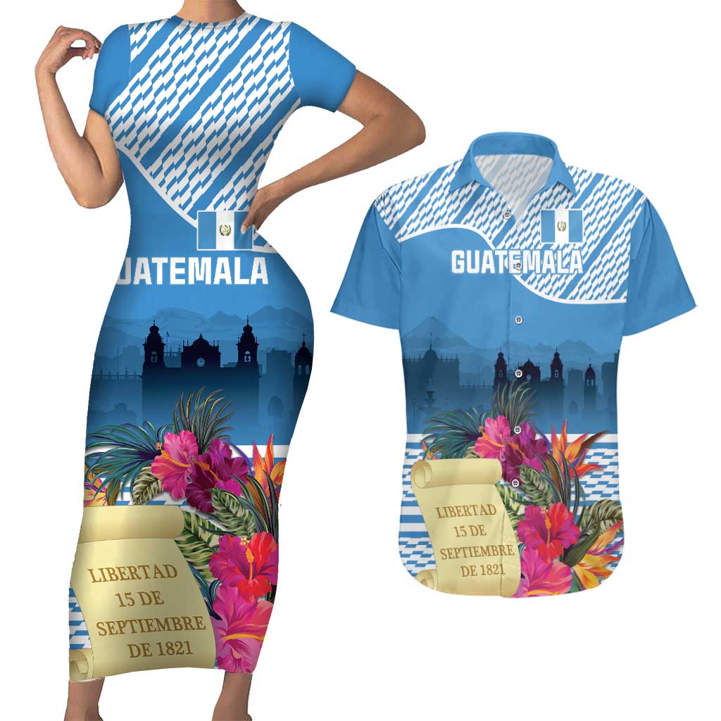 Personalized Guatemala Independence Day Couples Matching Short Sleeve Bodycon Dress and Hawaiian Shirt With Tropical Flower - Wonder Print Shop