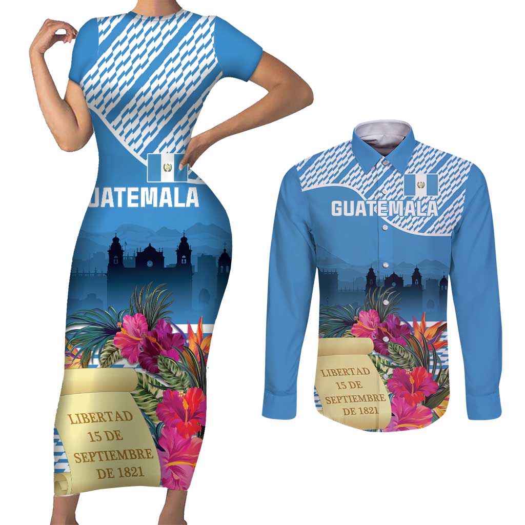 Personalized Guatemala Independence Day Couples Matching Short Sleeve Bodycon Dress and Long Sleeve Button Shirt With Tropical Flower - Wonder Print Shop