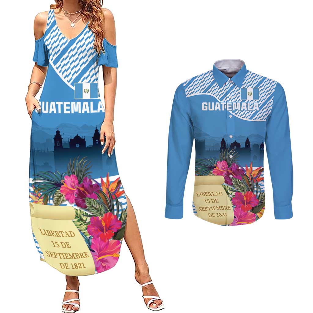 Personalized Guatemala Independence Day Couples Matching Summer Maxi Dress and Long Sleeve Button Shirt With Tropical Flower - Wonder Print Shop