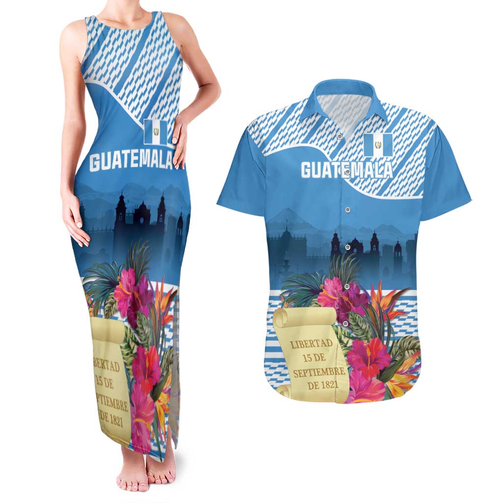 Personalized Guatemala Independence Day Couples Matching Tank Maxi Dress and Hawaiian Shirt With Tropical Flower - Wonder Print Shop