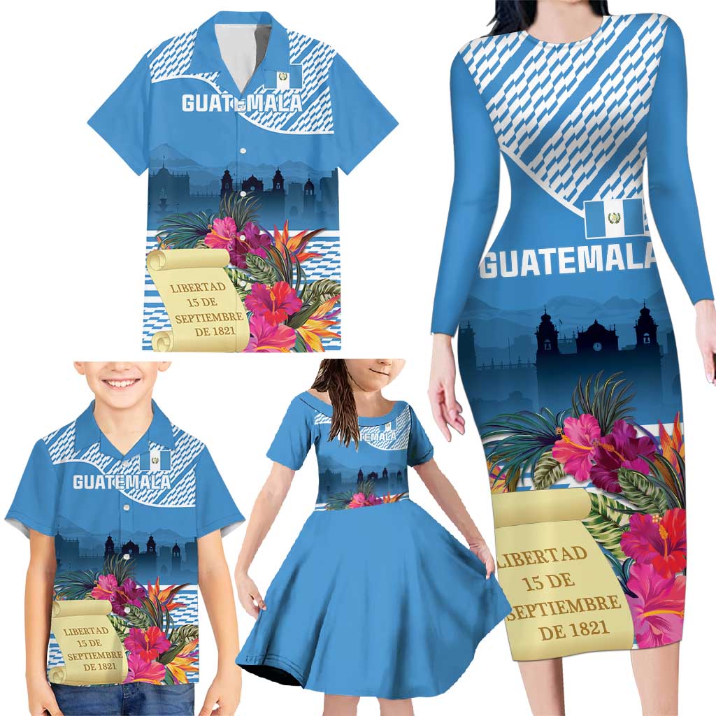 Personalized Guatemala Independence Day Family Matching Long Sleeve Bodycon Dress and Hawaiian Shirt With Tropical Flower - Wonder Print Shop