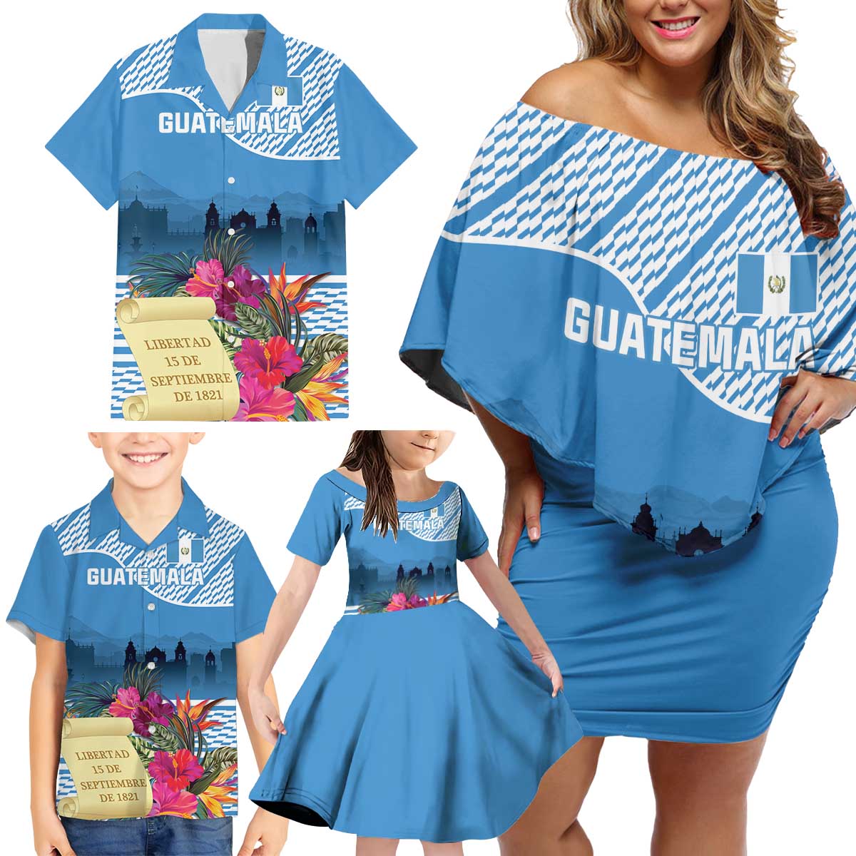 Personalized Guatemala Independence Day Family Matching Off Shoulder Short Dress and Hawaiian Shirt With Tropical Flower - Wonder Print Shop