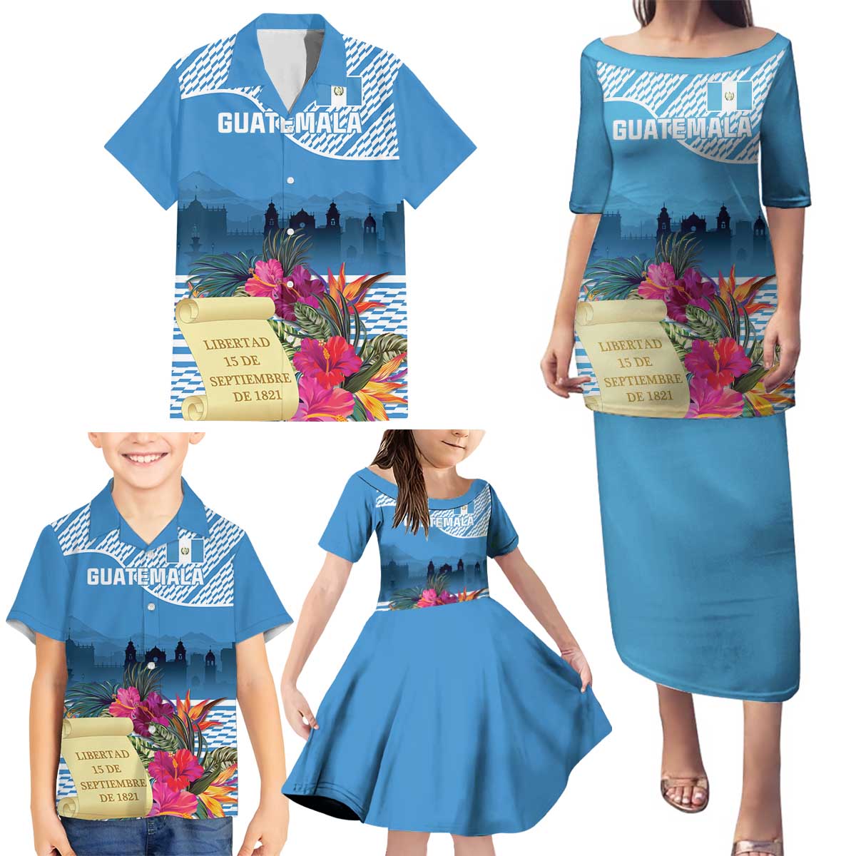 Personalized Guatemala Independence Day Family Matching Puletasi and Hawaiian Shirt With Tropical Flower - Wonder Print Shop