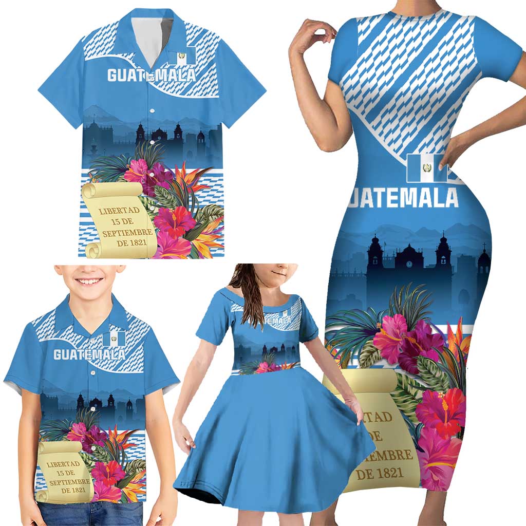 Personalized Guatemala Independence Day Family Matching Short Sleeve Bodycon Dress and Hawaiian Shirt With Tropical Flower - Wonder Print Shop