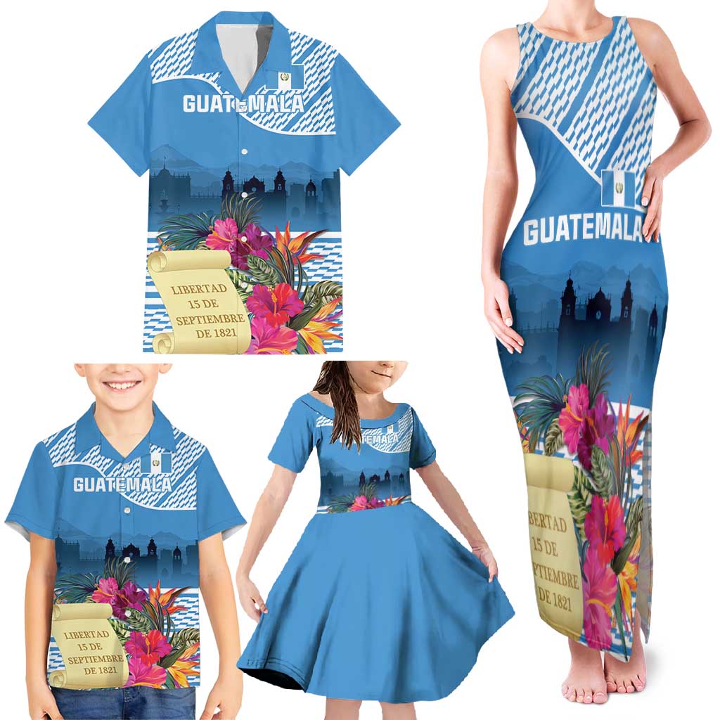 Personalized Guatemala Independence Day Family Matching Tank Maxi Dress and Hawaiian Shirt With Tropical Flower - Wonder Print Shop