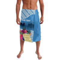 Blue lavalava wrap skirt with tropical flower print and customizable text panel