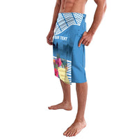 Blue lavalava wrap skirt side view with tropical flowers and wave-style print