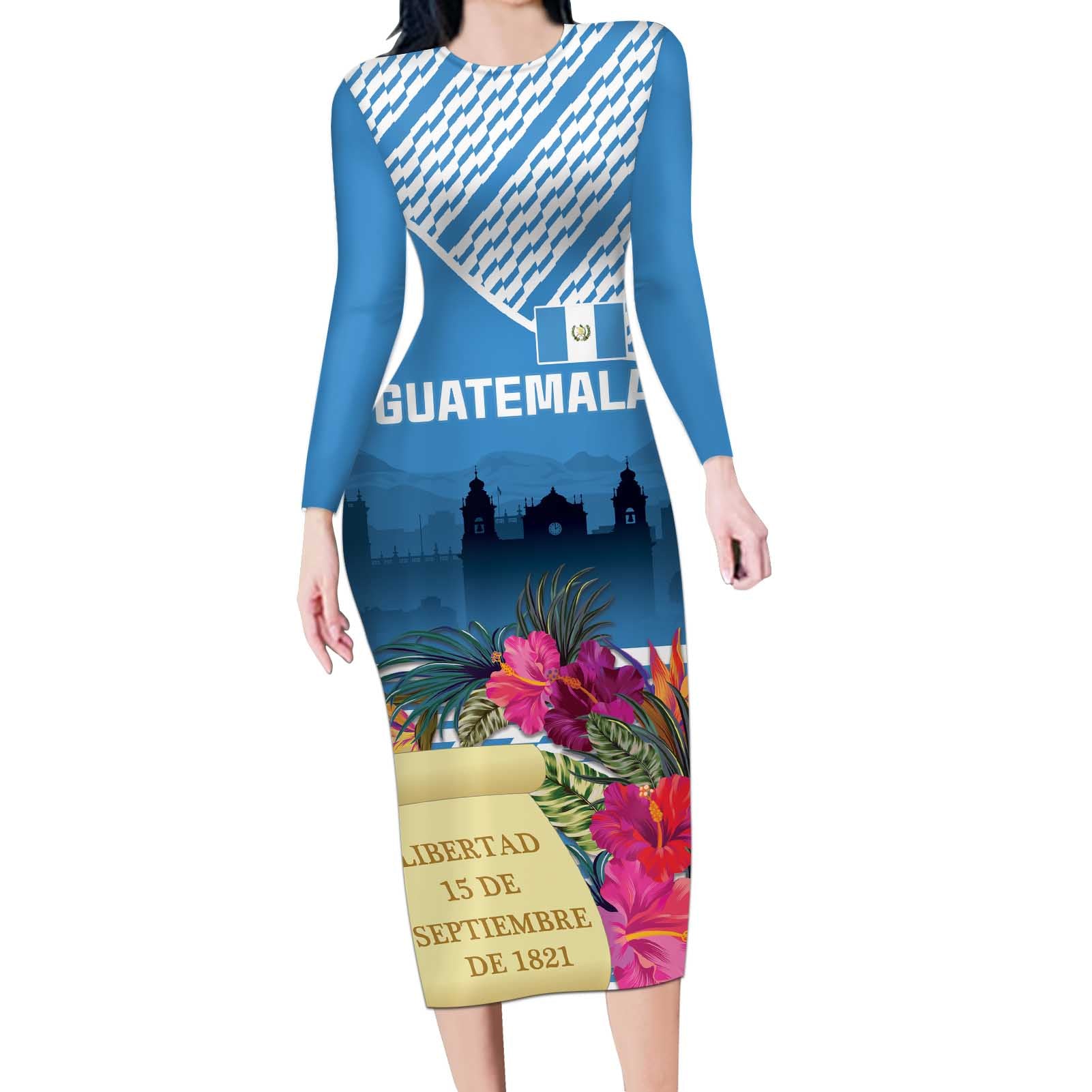 Personalized Guatemala Independence Day Long Sleeve Bodycon Dress With Tropical Flower - Wonder Print Shop