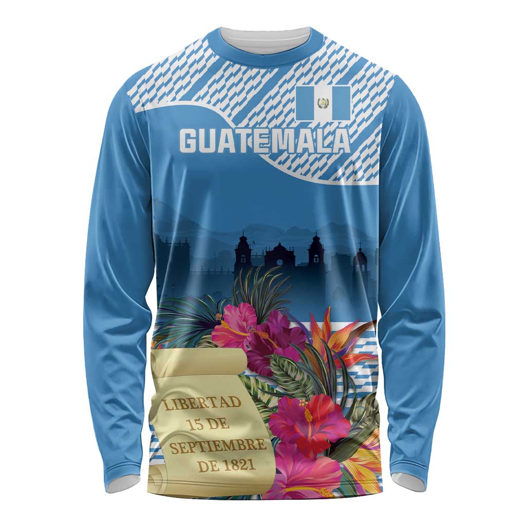 Personalized Guatemala Independence Day Long Sleeve Shirt With Tropical Flower - Wonder Print Shop