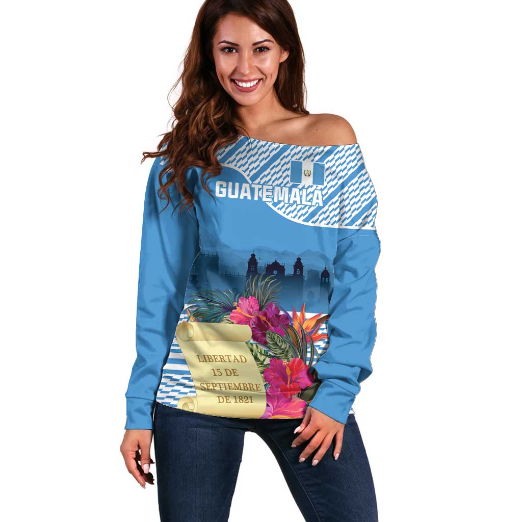 Personalized Guatemala Independence Day Off Shoulder Sweater With Tropical Flower - Wonder Print Shop