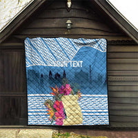 Blue quilt on wall, quilted diamonds, tropical flowers and skyline design