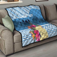 Blue quilt on sofa, quilted diamonds, tropical flowers and custom text panel