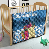 Blue quilt on kids bed, quilted diamonds, tropical flowers and custom text panel