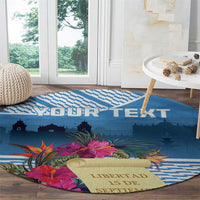 Blue round rug with tropical flowers and YOUR TEXT, liberty banner text near bottom.