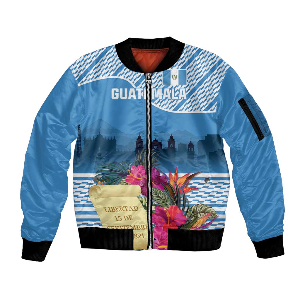 Personalized Guatemala Independence Day Sleeve Zip Bomber Jacket With Tropical Flower - Wonder Print Shop