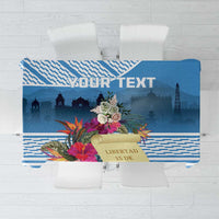 Blue personalized tablecloth with tropical flowers and 'LIBERTAD 15 DE' text