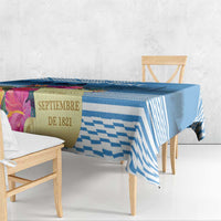 Blue geometric tablecloth with tropical floral print and 'SEPTIEMBRE DE 1821' wording