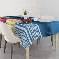 Blue geometric tablecloth with tropical floral corner print and bold stripe pattern