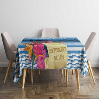 Blue geometric tablecloth with floral motif and 'SEPTIEMBRE DE 1821' center panel