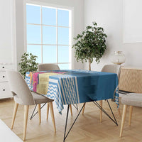 Blue rectangular tablecloth with tropical floral accents and date text for dining table