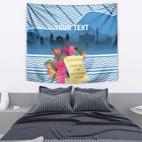Blue Guatemala independence tapestry with YOUR TEXT, tropical flowers, and geometric border