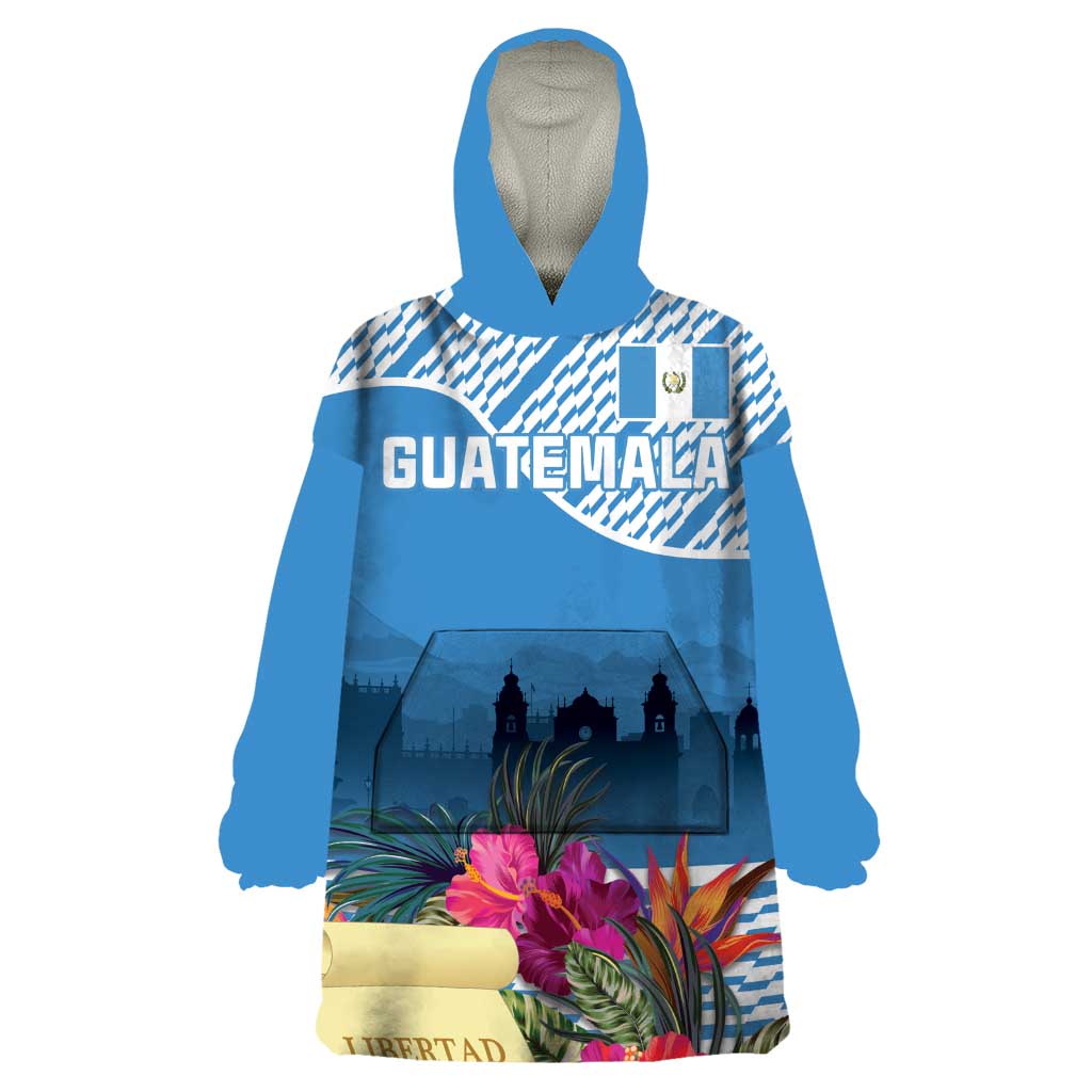 Personalized Guatemala Independence Day Wearable Blanket Hoodie With Tropical Flower - Wonder Print Shop