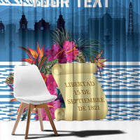 Blue window curtain panel with colorful tropical bouquet and gold commemorative banner