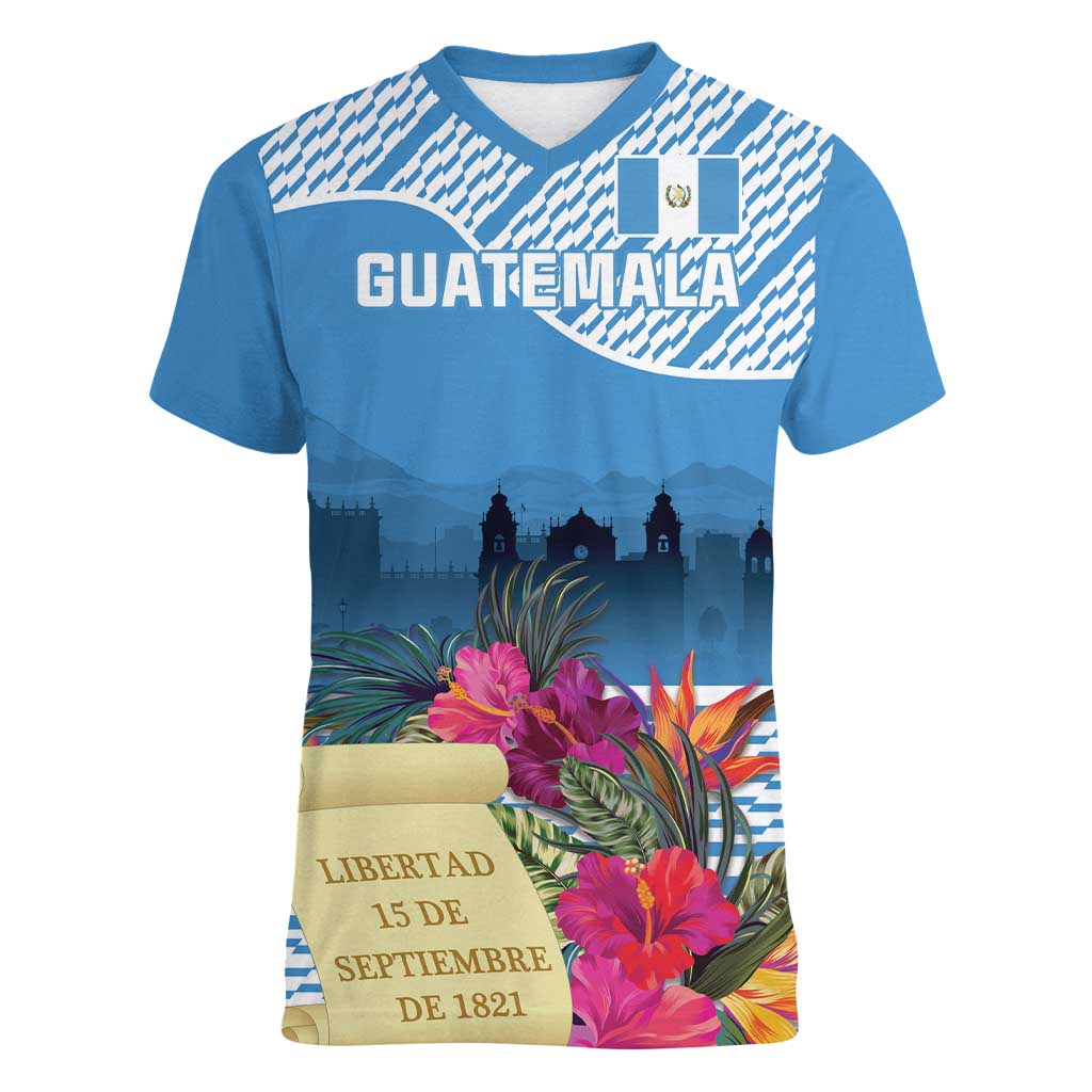 Personalized Guatemala Independence Day Women V-Neck T-Shirt With Tropical Flower - Wonder Print Shop