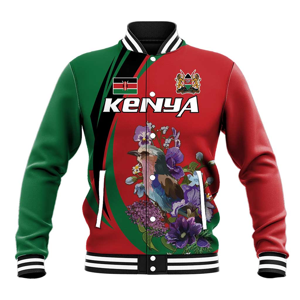 Personalized Kenya Lilac Breasted Roller Baseball Jacket With Violet Flowers