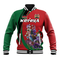 Red and green baseball jacket with snap front, striped rib collar, floral Kenya graphic