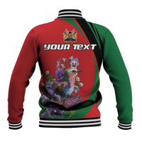 Red and green baseball jacket with back floral print, striped rib cuffs, snap front
