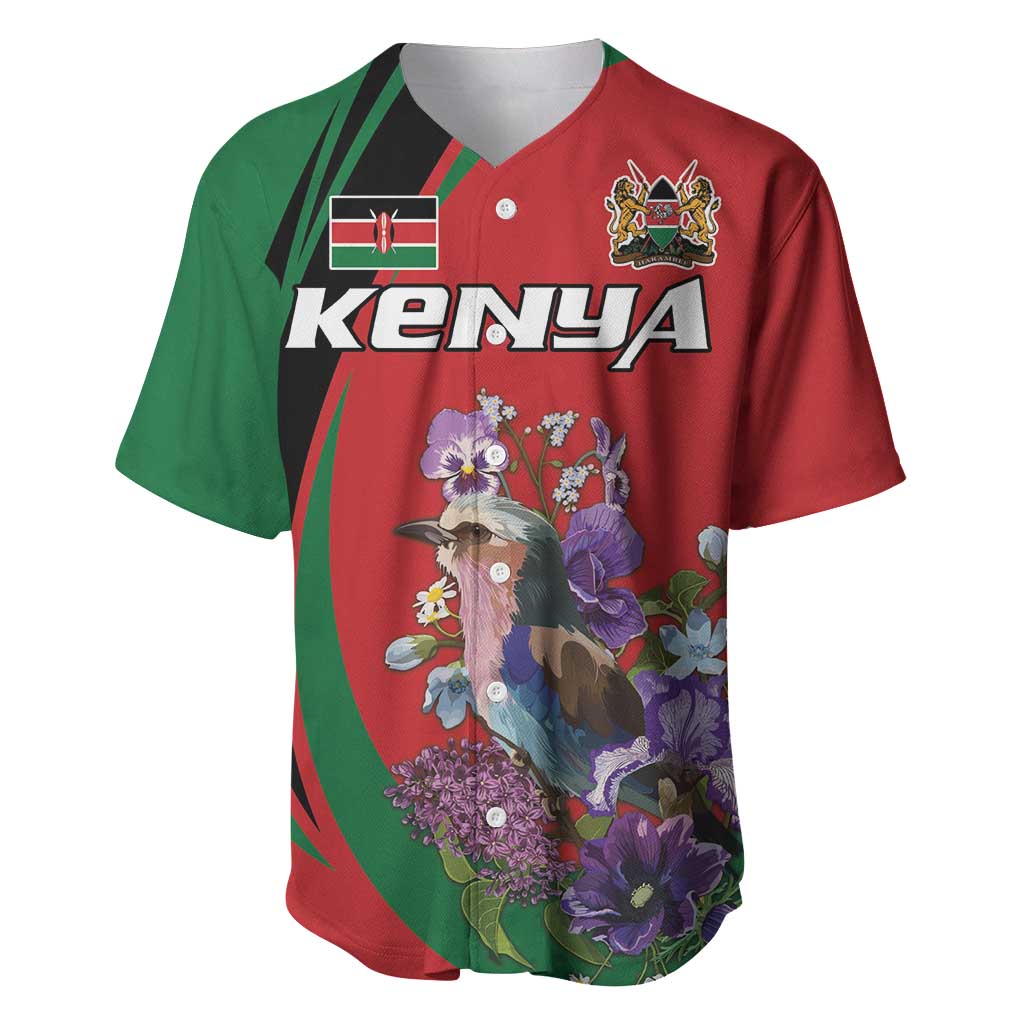 Personalized Kenya Lilac Breasted Roller Baseball Jersey With Violet Flowers