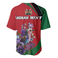 Red baseball jersey with Your Text lettering, floral bird graphic, short sleeves