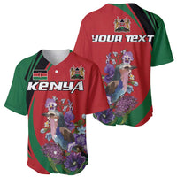 Baseball jersey pair in red with Kenya emblem, floral bird graphics, V-neck