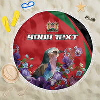 Round personalized beach blanket in red with fringe, bird-and-flower print and YOUR TEXT