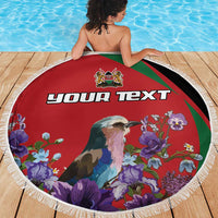 Round personalized beach blanket in red with fringe, floral bird graphic and YOUR TEXT
