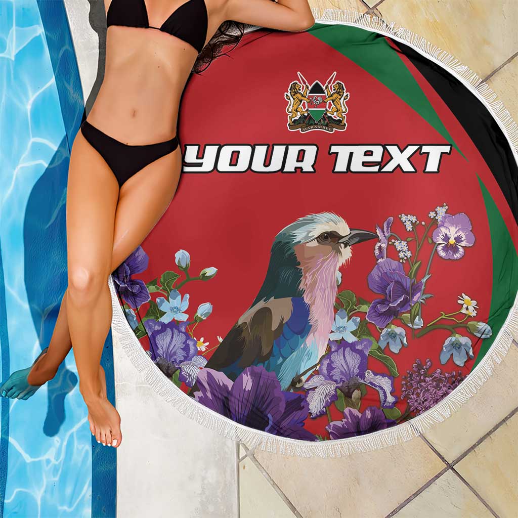 Round personalized red beach blanket with white fringe, bird-and-flower artwork and YOUR TEXT