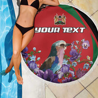 Round personalized red beach blanket with white fringe, bird-and-flower artwork and YOUR TEXT