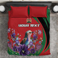Red and green duvet cover bedding set with custom text, bird and violet flower print