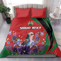 Red duvet cover bedding set with two red pillows; custom text, bird and violet flowers