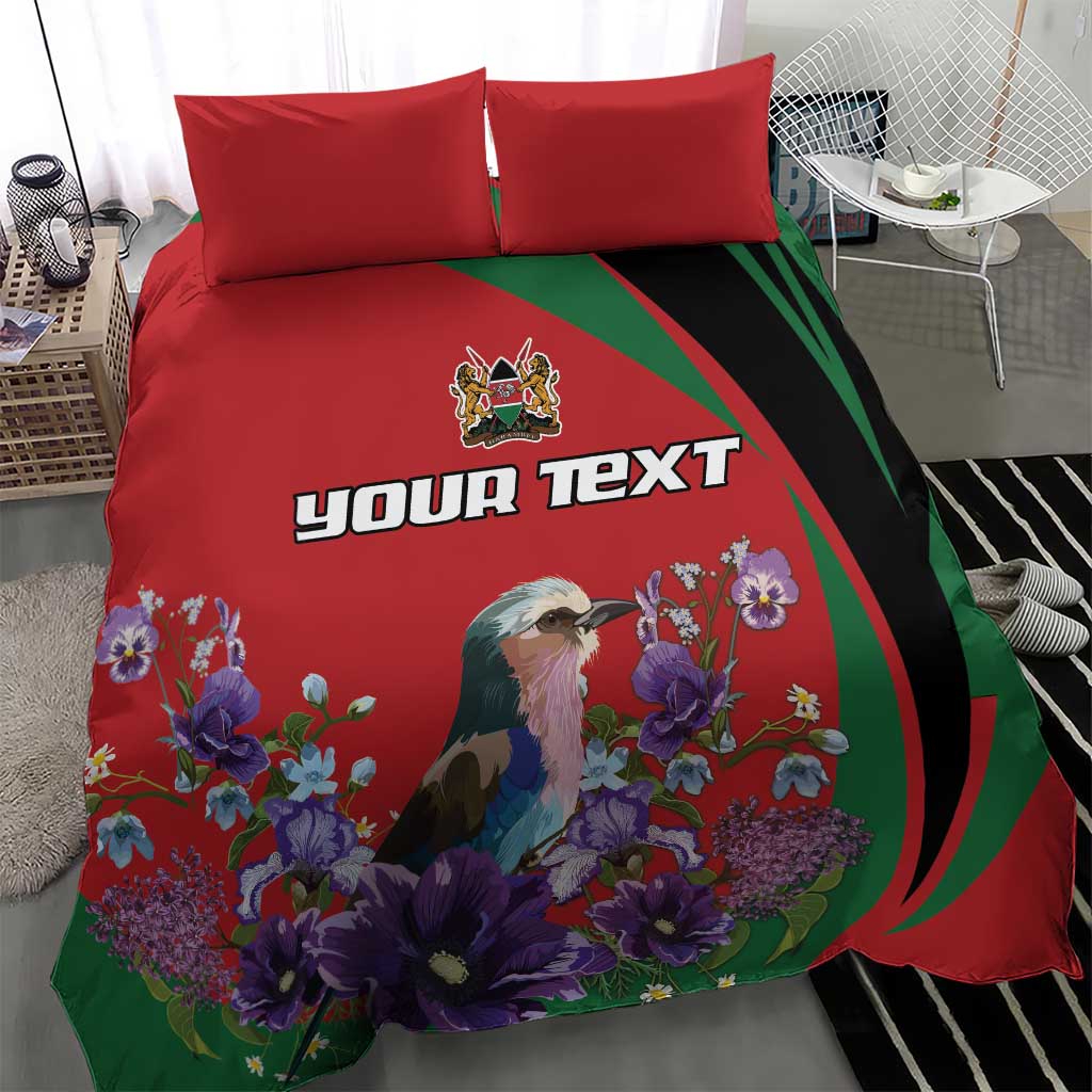 Red duvet cover bedding set with two red pillows, custom text and floral bird artwork