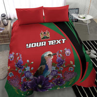 Red duvet cover bedding set with two red pillows, custom text and floral bird artwork