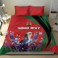 Red duvet cover bedding set with custom text, bird and violet flower print with green curves