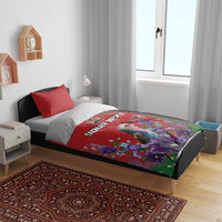 Custom text duvet cover bedding set with bird and violet flower print in red, green, black