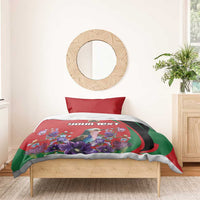 Red duvet cover bedding set with custom text, bird and violet flower print, green accents